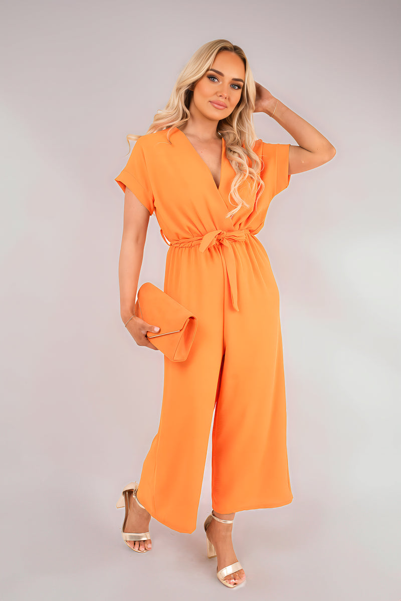 Orange wrap short-sleeve jumpsuit with tie waist, wide-leg pants and pockets