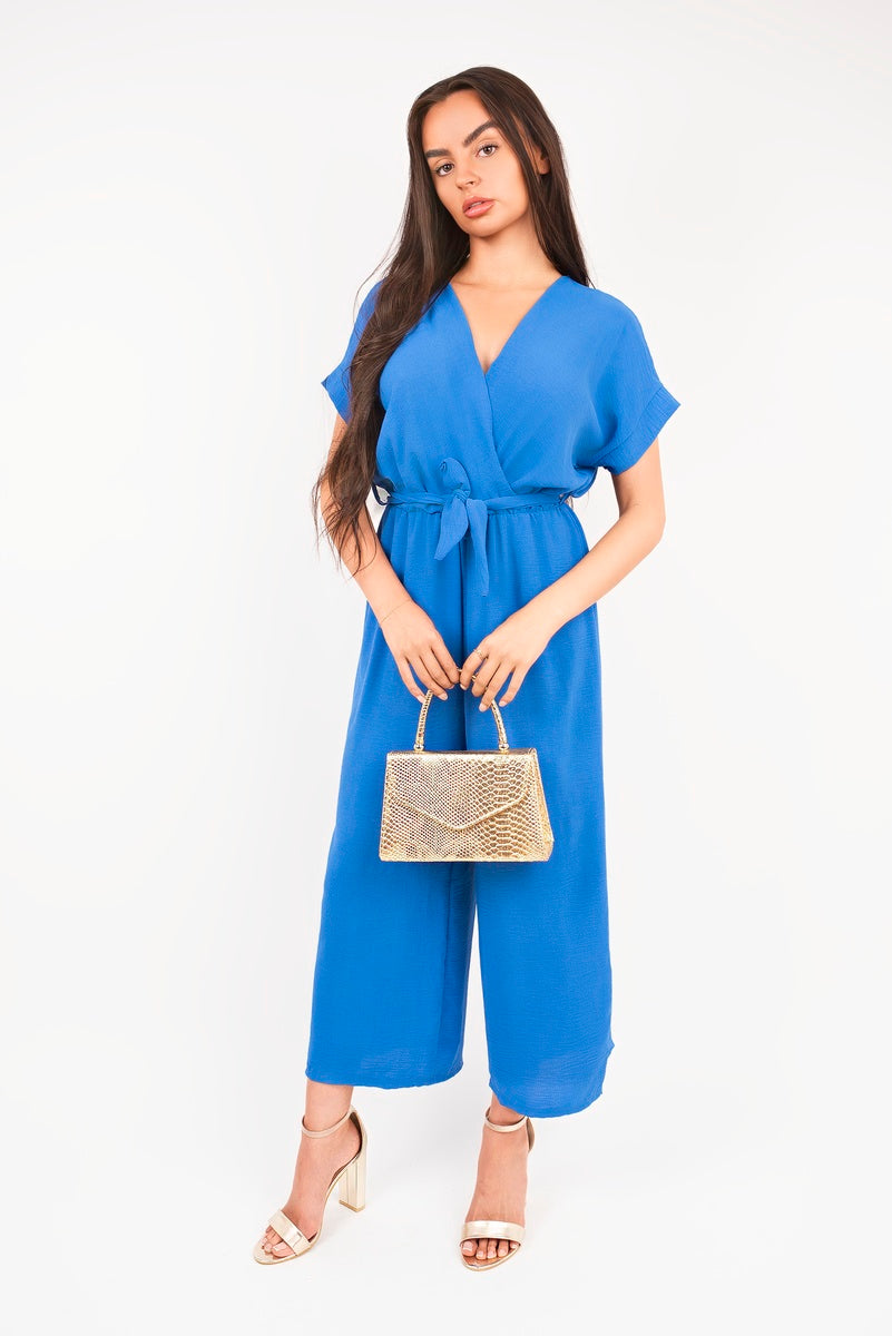 Blue wrap short sleeve jumpsuit with V-neck, tie waist and wide-leg cropped legs