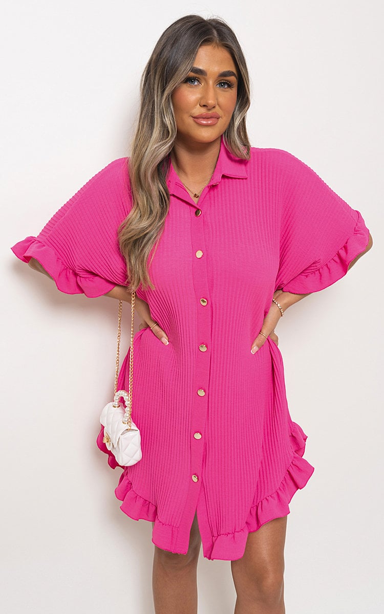 Lieldesigns Button Down Oversized Ruffle Short Sleeve Mini Dress