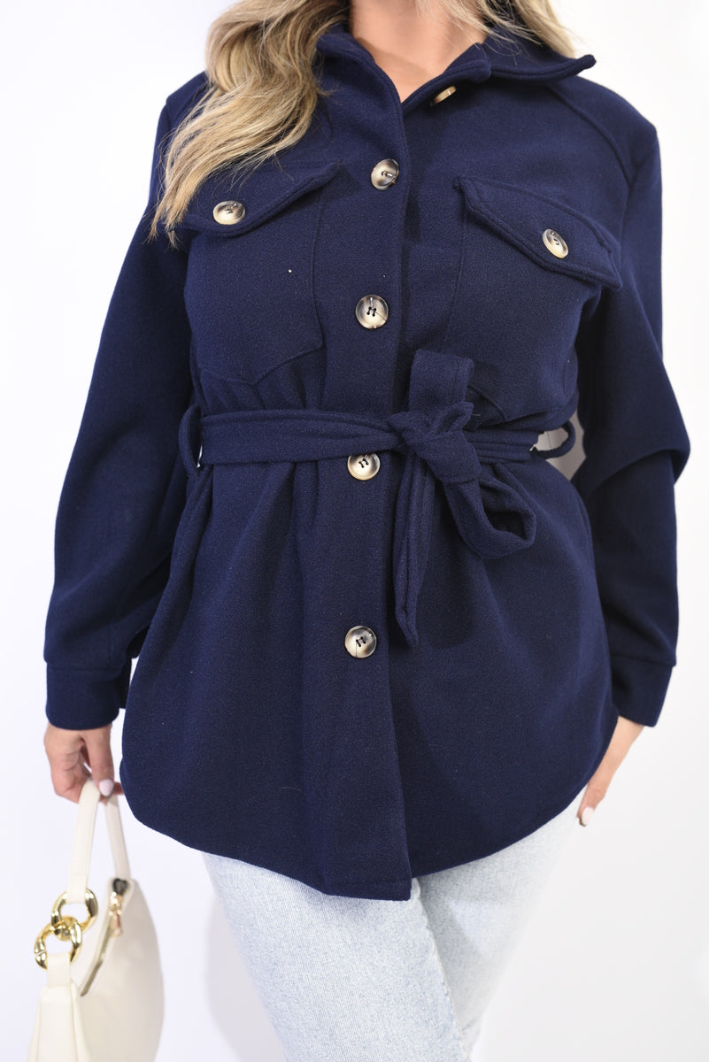 "Belted Shacket in Blue-Women's Layering Jacket