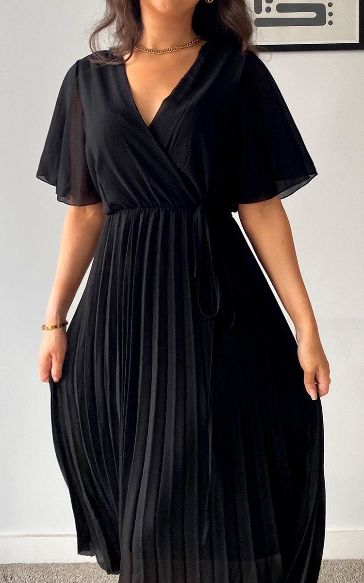 Pleated Wrap Front  Midi Dress