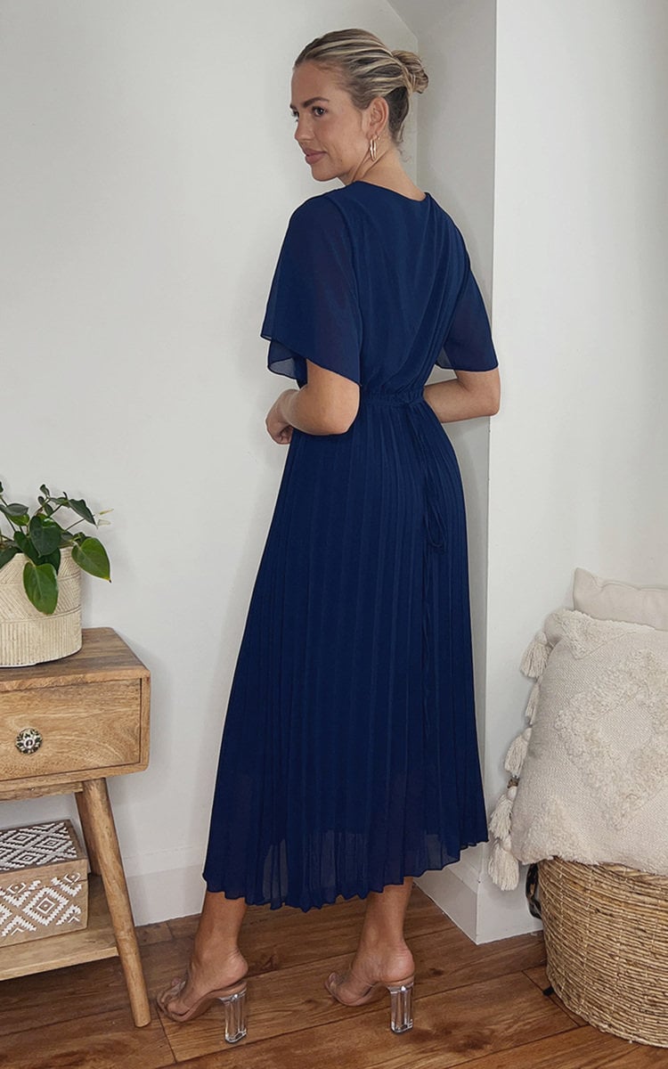 Pleated Wrap Front  Midi Dress