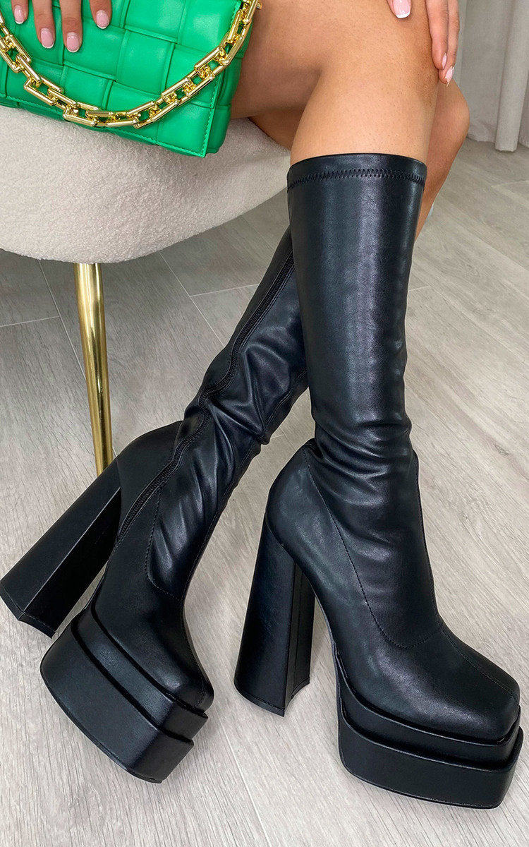 Block High Heel Boots with Zip Detail