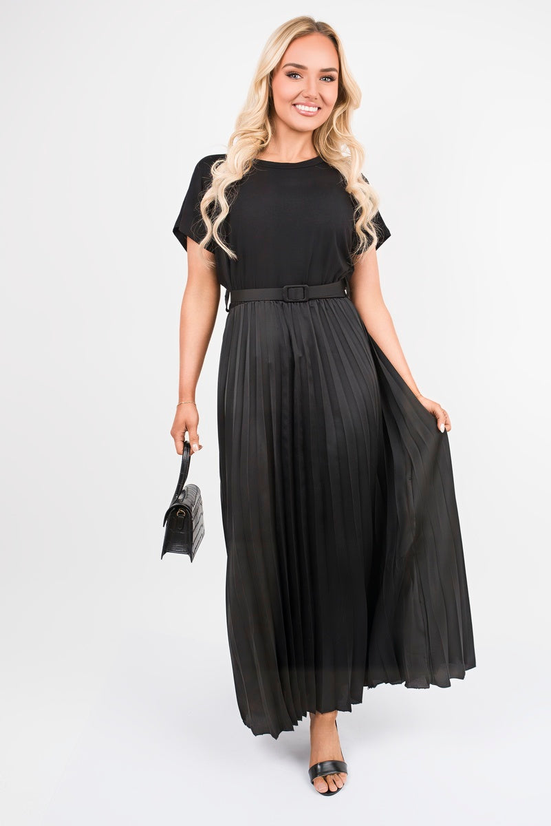 Black belted pleated midi dress with short sleeves and round neckline