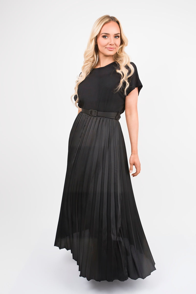 Black belted pleated midi dress with short sleeves and gathered waist