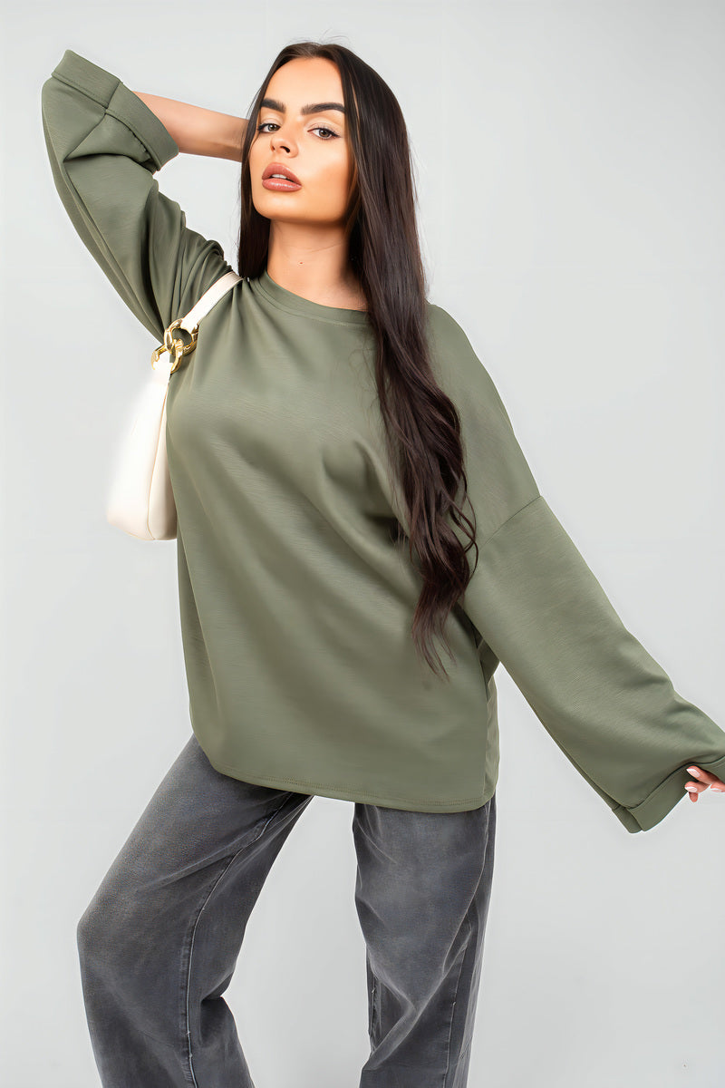 Olive oversized long-sleeve sweatshirt with wide sleeves and round neckline