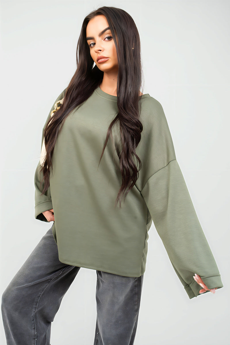 Olive oversized long-sleeve sweatshirt with relaxed fit and round neckline