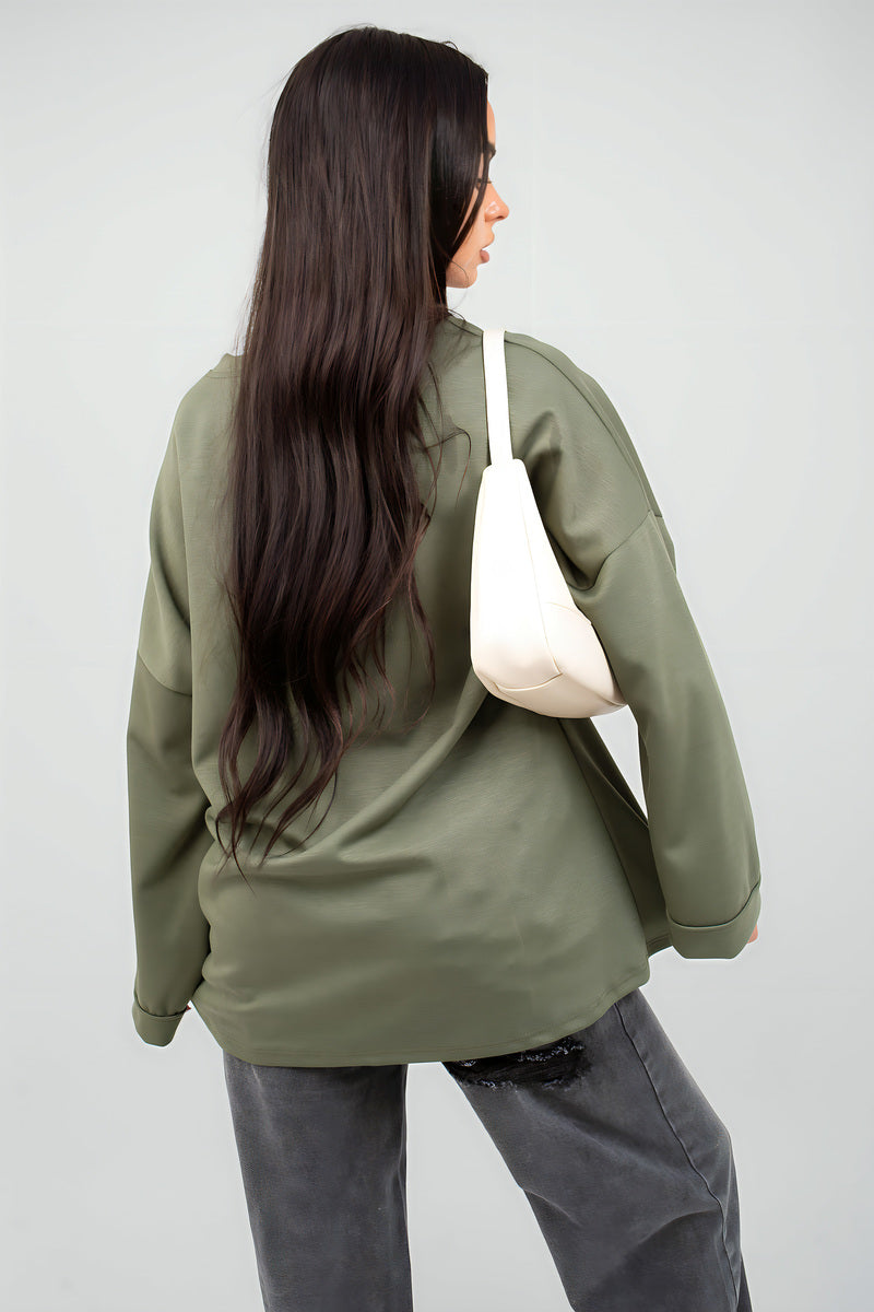 Olive oversized long-sleeve sweatshirt, back view with dropped shoulders