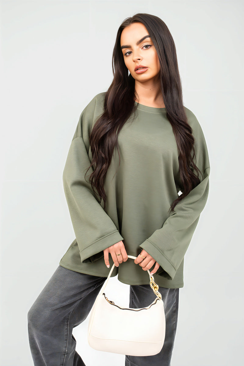 Olive oversized long-sleeve sweatshirt with relaxed straight hem