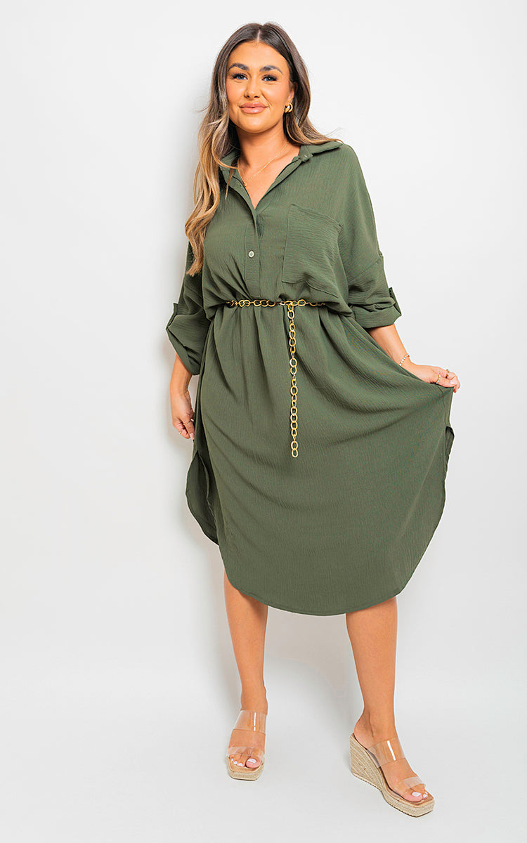 Button Down Pull Up Sleeve Midi Dress with Front Pocket