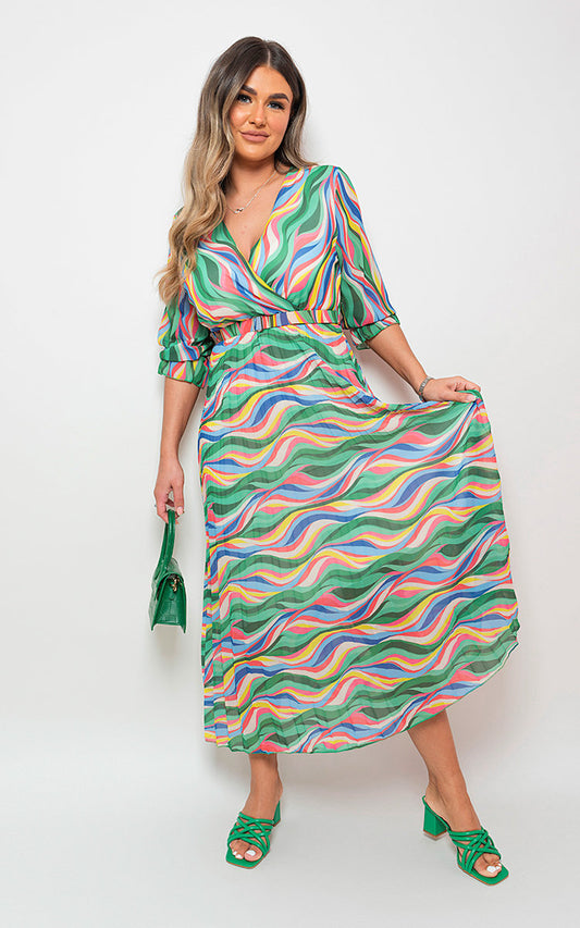 Long Sleeve Printed Maxi Dress with Belt Detail