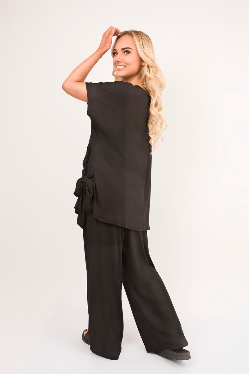 Short Sleeve Side Tie Top and Wide Leg Trousers Co-Ord Set - Women's Two Piece Outfit