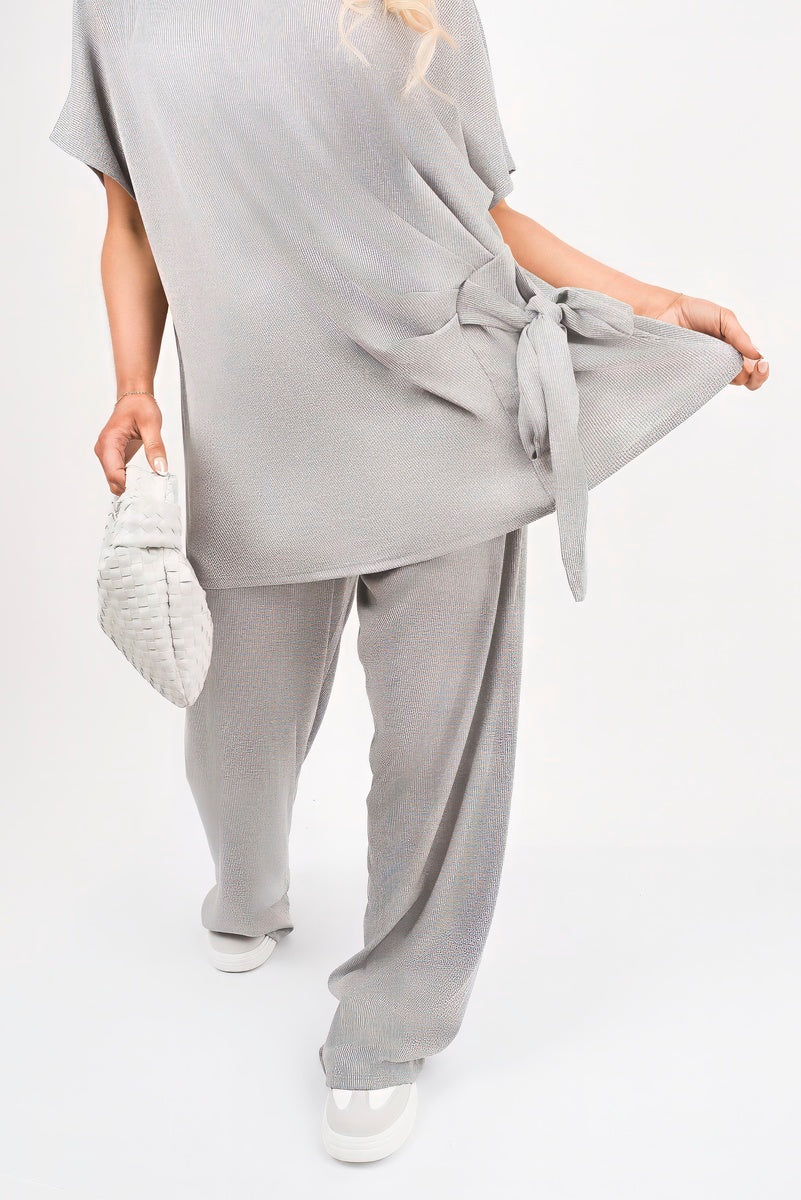 Short Sleeve Side Tie Top and Wide Leg Trousers Co-Ord Set - Women's Two Piece Outfit