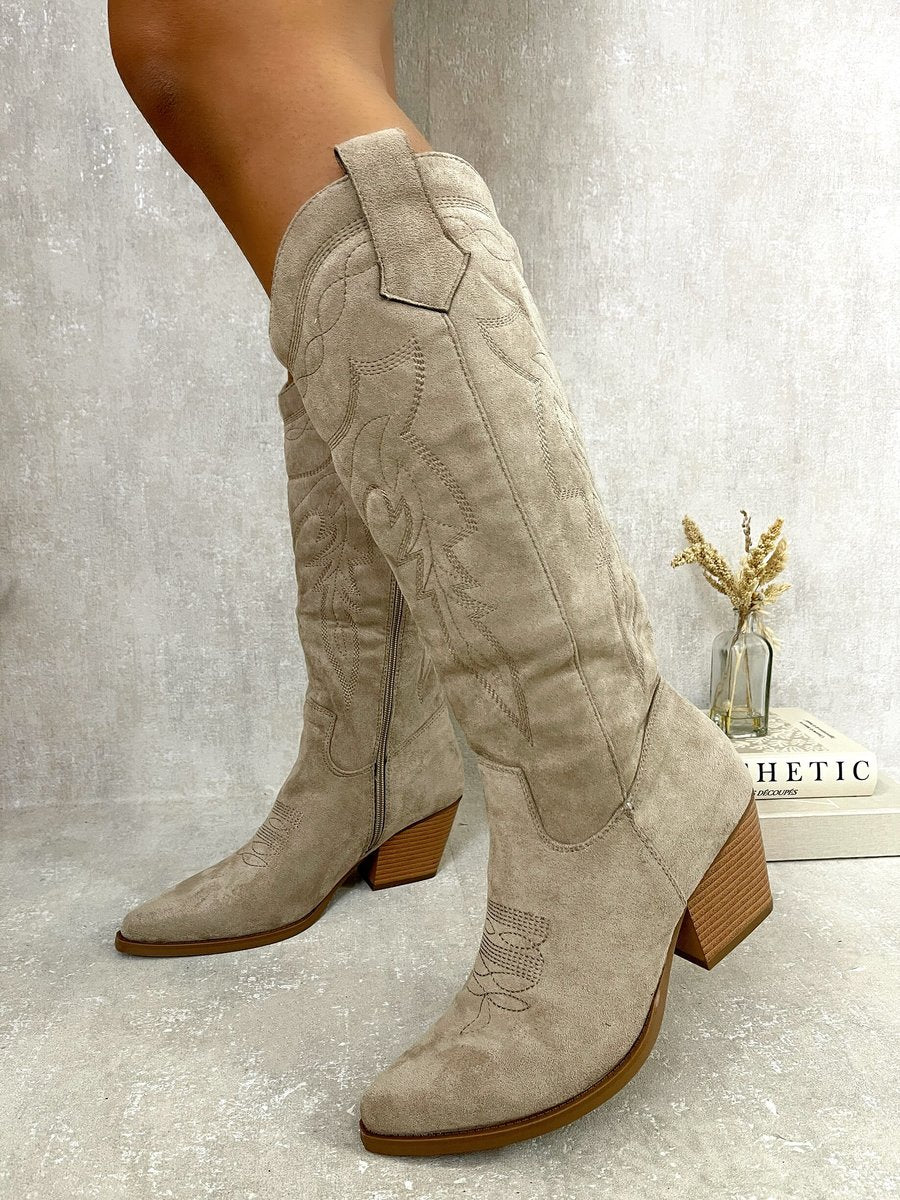 Khaki cowboy boots with pointed toe, stitched shaft, block heel - LielDesigns