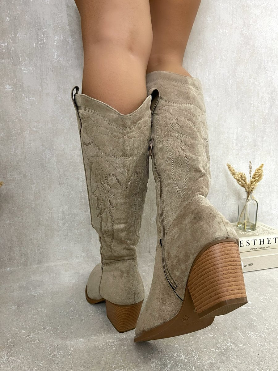 Khaki cowboy boots with side zipper, pointed toe, ribbed block heel