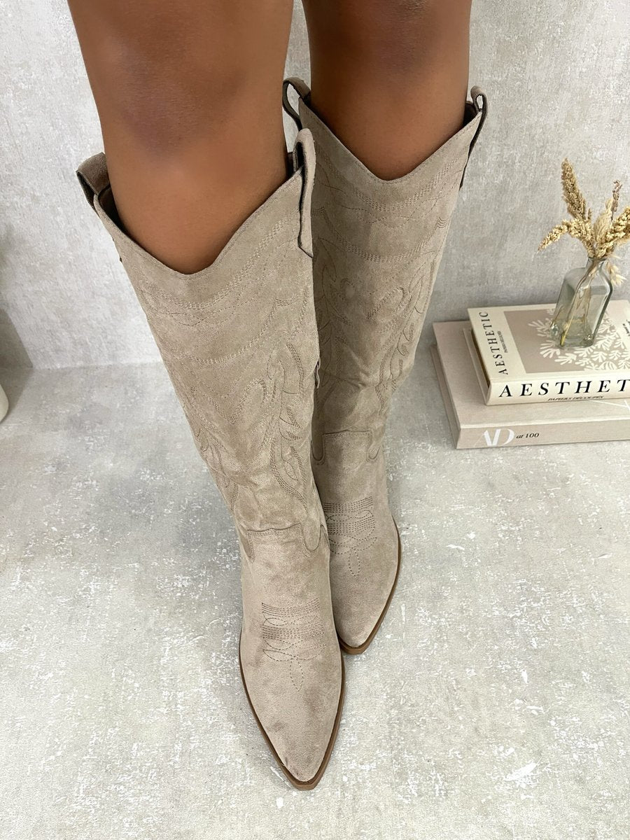 Khaki cowboy boots, pointed toe, textured shaft, stacked block heel