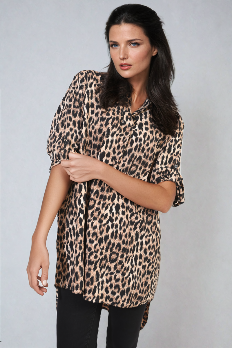 Oversized Leopard Print Button Down Batwing Sleeve Top