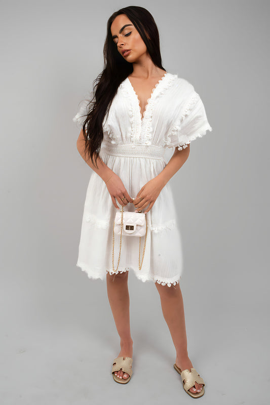 White short-sleeve mini dress, deep V-neck, lace trim, open back