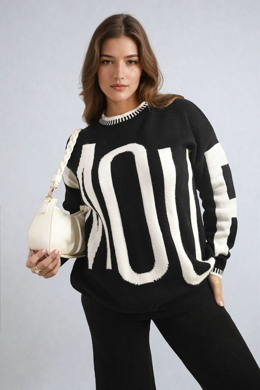 Amour Graphic Long Sleeve Knitted Jumper - Stylish & Comfy