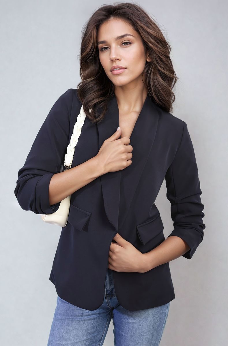 Ruched Sleeve Open Front Blazer Jacket with Front Pockets