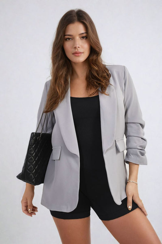 Ruched Sleeve Open Front Blazer Jacket with Front Pockets