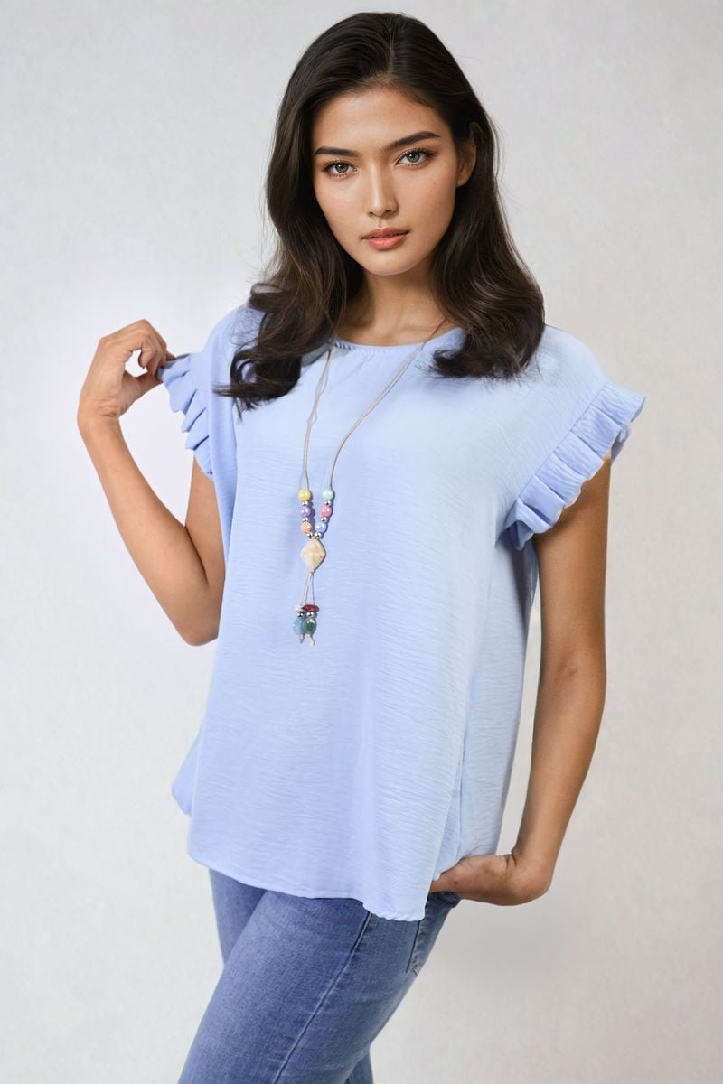 Sky blue ruffle-trim sleeve top with round neck and flutter-like sleeve ruffles