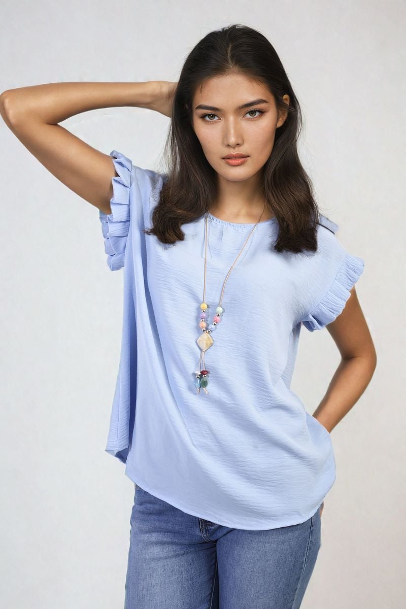 Sky blue ruffle-trim sleeve top with round neckline and short layered cuffs
