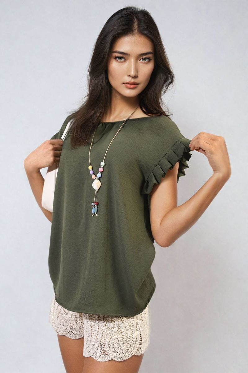 Ruffle trim sleeve top in olive green with ruffled sleeve trim and crew neckline