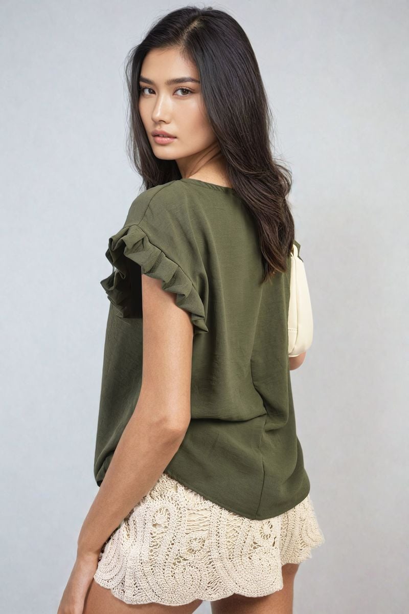 Ruffle trim sleeve top in olive green, short sleeves and crew neckline