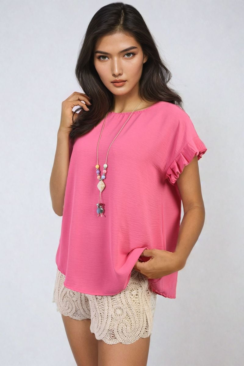 Ruffle trim sleeve top in bright pink with ruffle-trimmed short sleeves