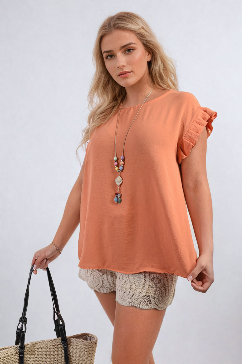 Peach ruffle-sleeve top with crew neck, relaxed drape, and scalloped hem detail.