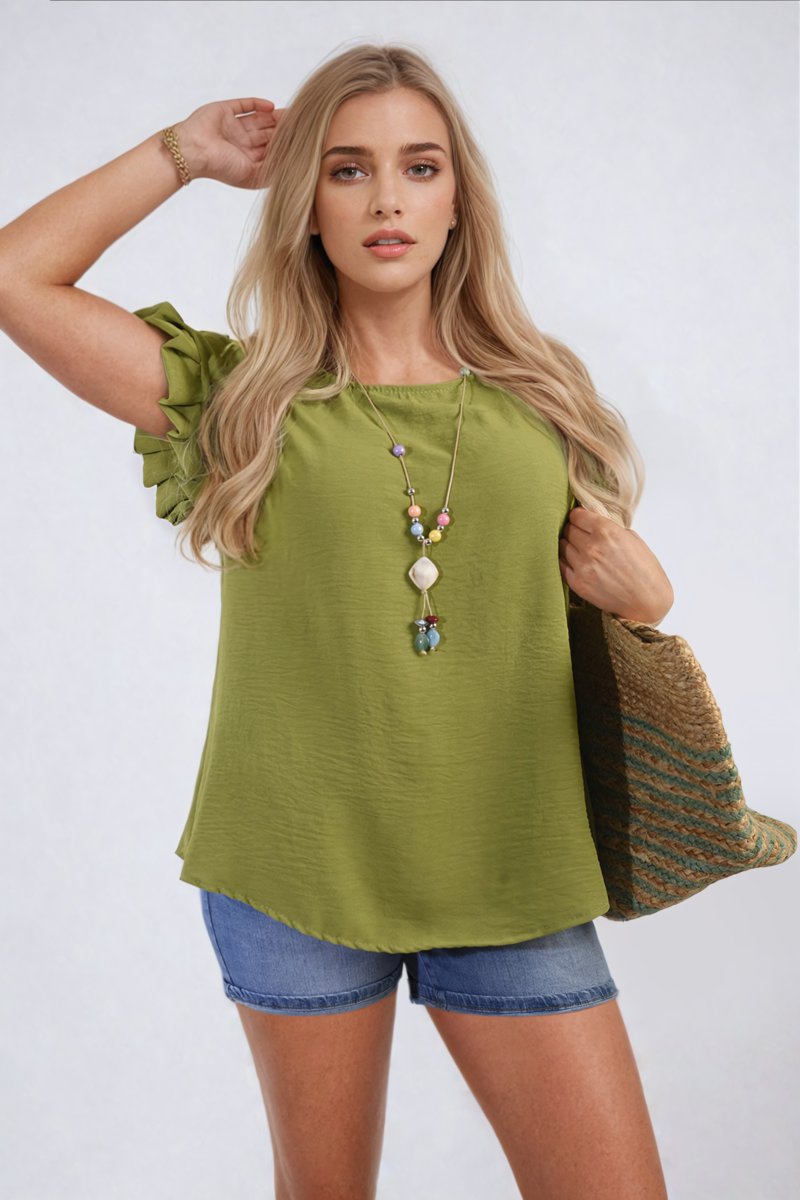 Green ruffle-trim sleeve top with crew neckline and relaxed, straight body fit.