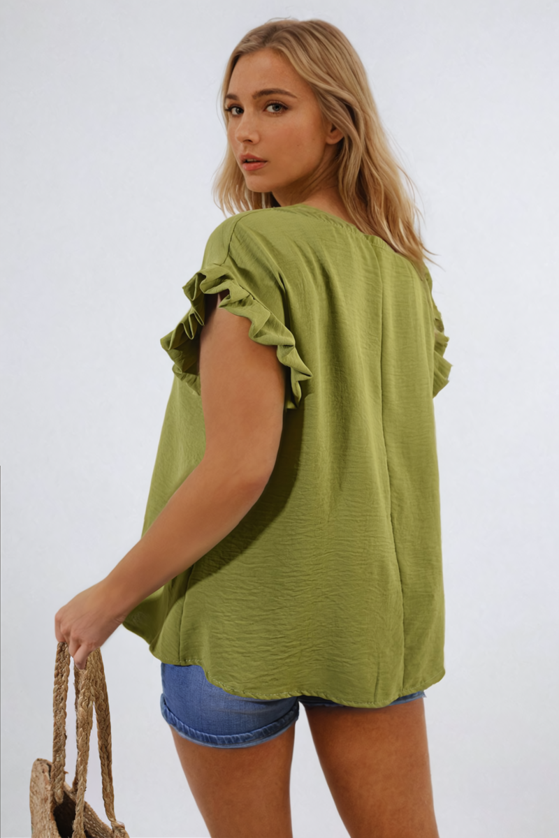 Olive green ruffle-trim sleeve top with side ruffles and rounded crew neckline.