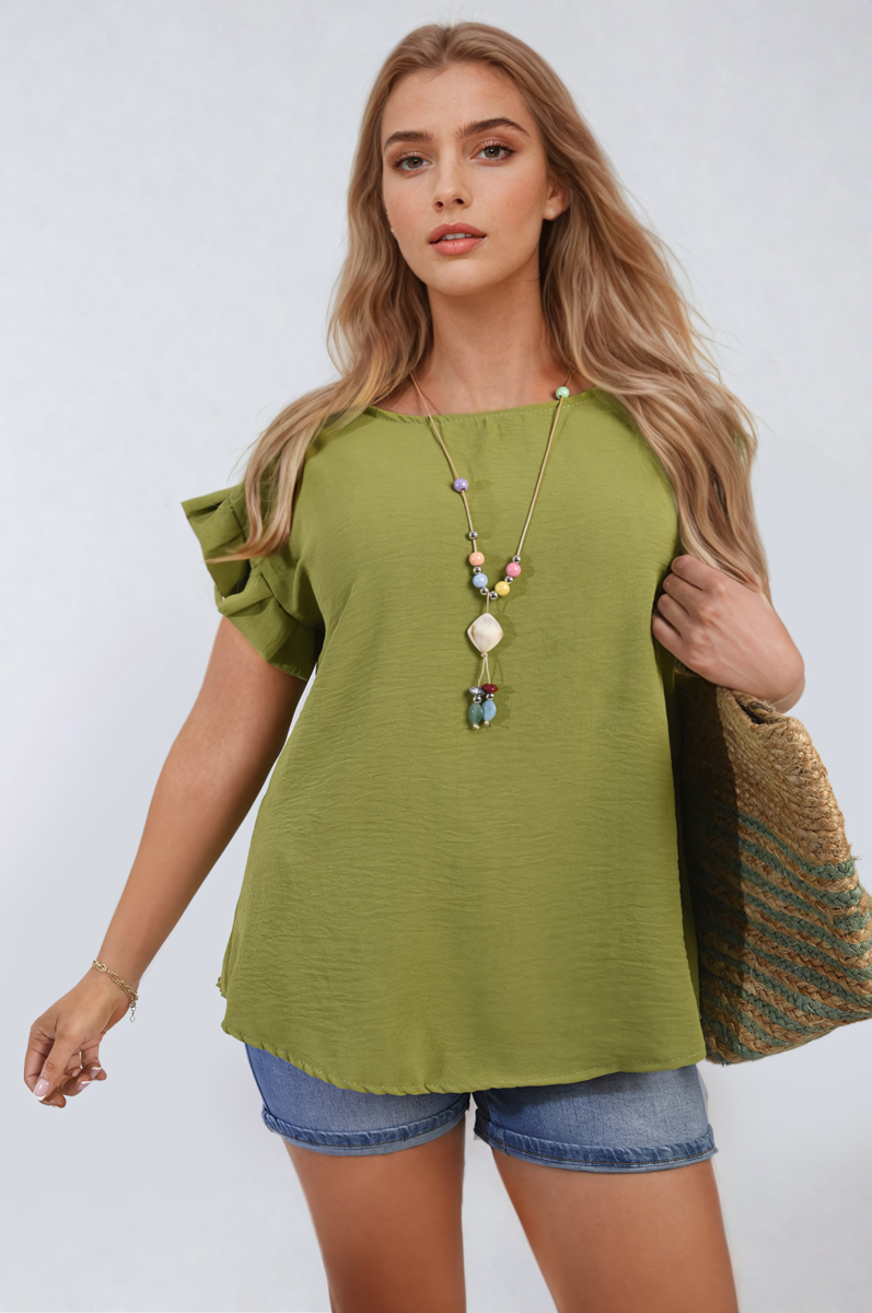 Green ruffle-trim sleeve top with crew neckline and slightly flared hem.