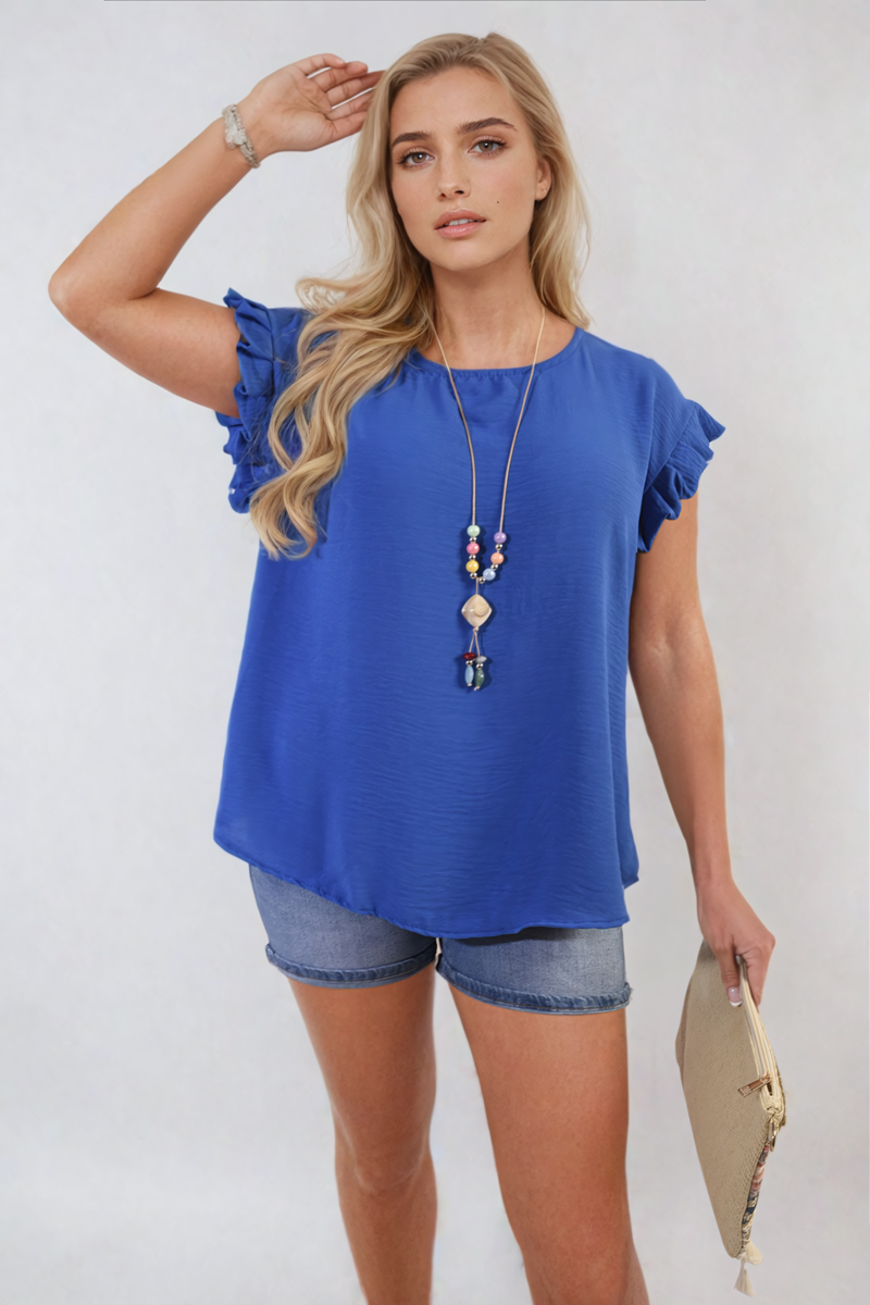 Royal blue ruffle-trim sleeve top with crew neckline and draped, loose silhouette.