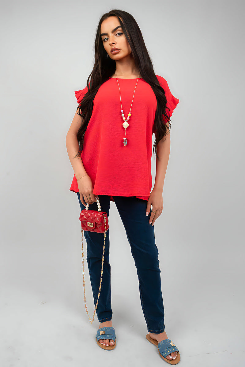 Red ruffle trim sleeve top with crew neckline and gathered ruffle shoulders