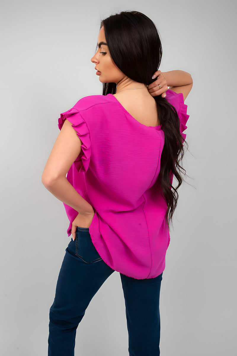 Fuchsia ruffle trim sleeve top, back view with short gathered ruffle shoulders