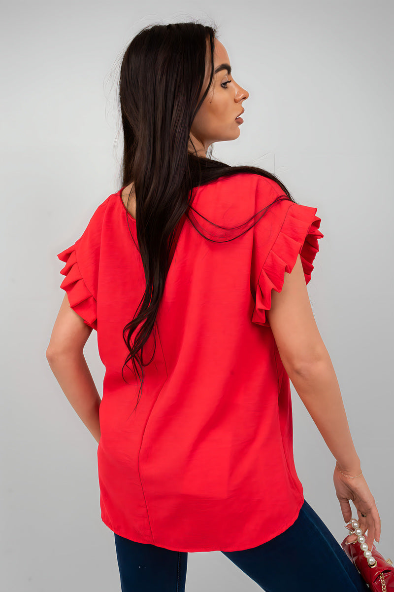 Red ruffle trim sleeve top, back view with short sleeves and crew neckline