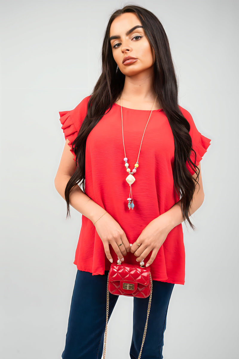 Red ruffle trim sleeve top with short loose fit and crew neckline