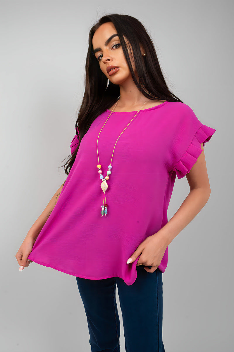 Purple ruffle trim sleeve top with crew neckline and gathered ruffle shoulders