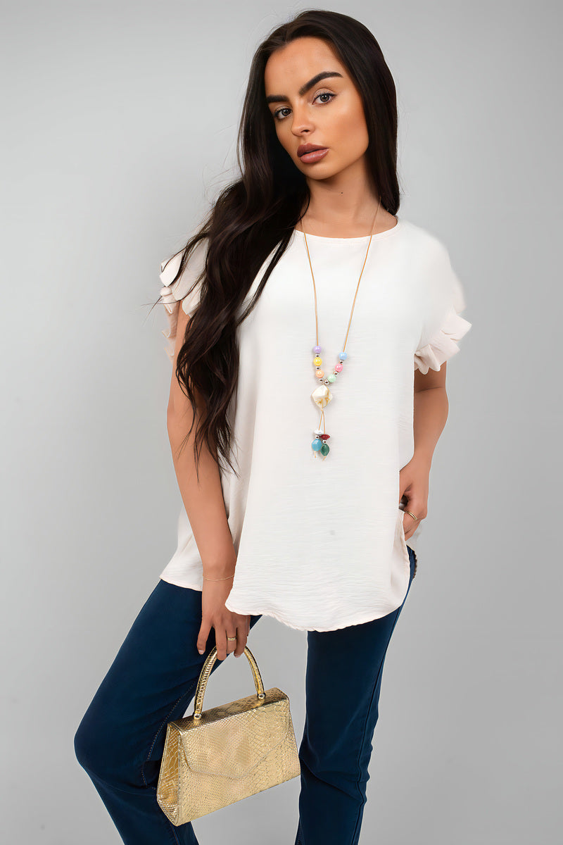 White ruffle trim sleeve top with crew neckline and short loose sleeves