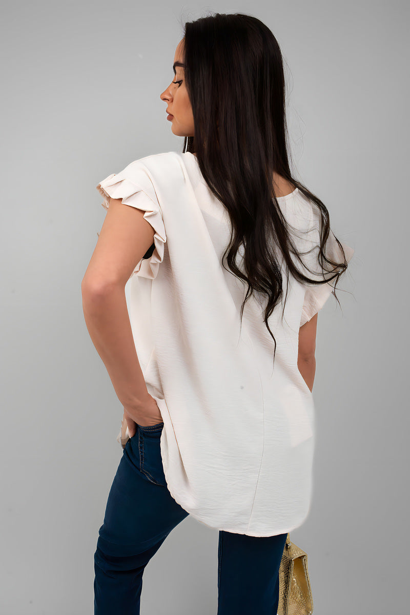 White ruffle trim sleeve top, back view with short gathered ruffle shoulders