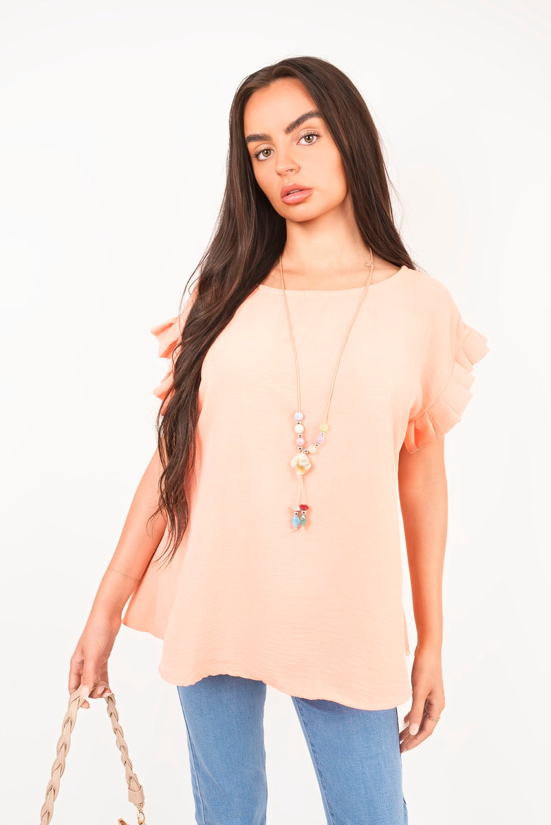 Light pink ruffle-trim sleeve top, relaxed fit with short flutter sleeves