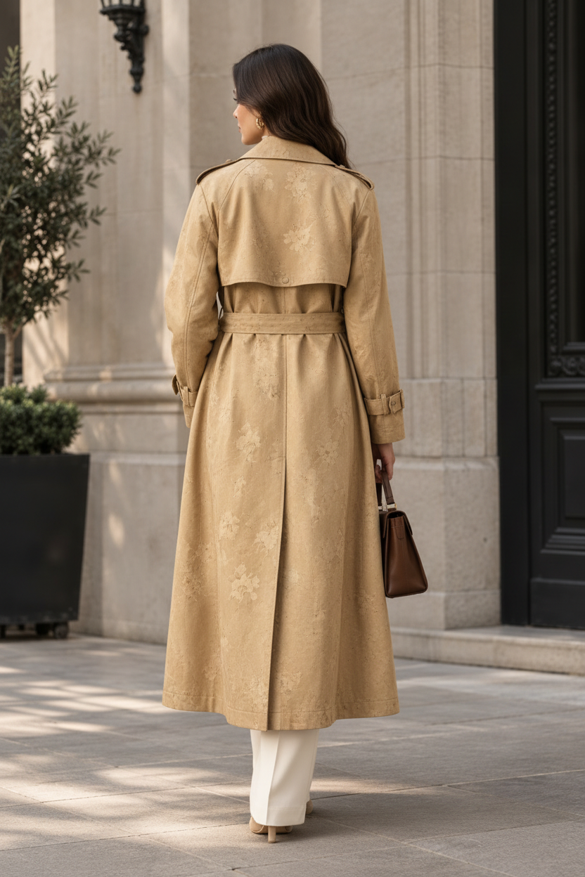 Rear three-quarter view of a model wearing a women's printed patchwork double-breasted belted trench coat