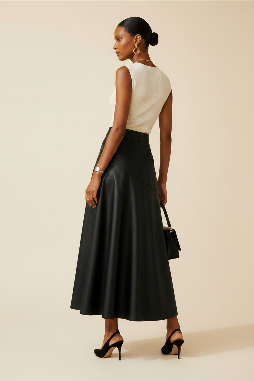 Rear view of black PU high-waist flared midi skirt