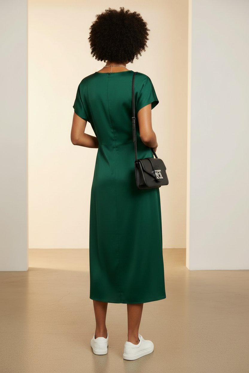 Back view of dark green satin twist-front midi dress on a young model