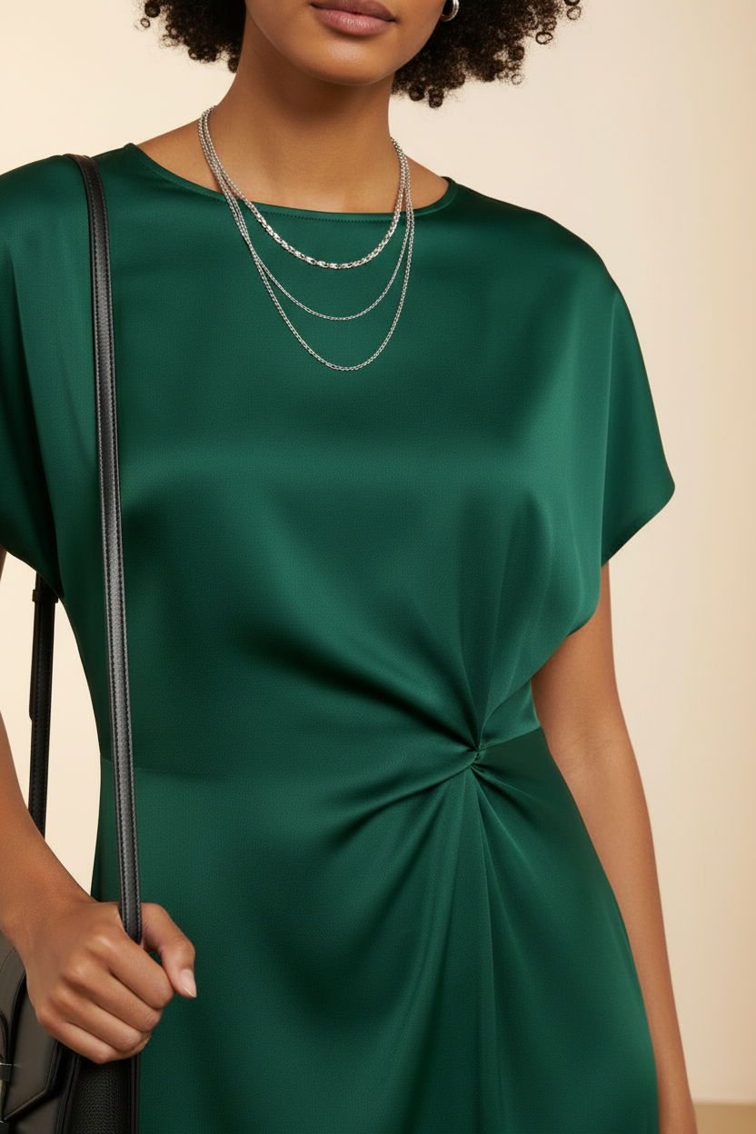 Close detail of the satin waist twist and sleeve on a dark green midi dress