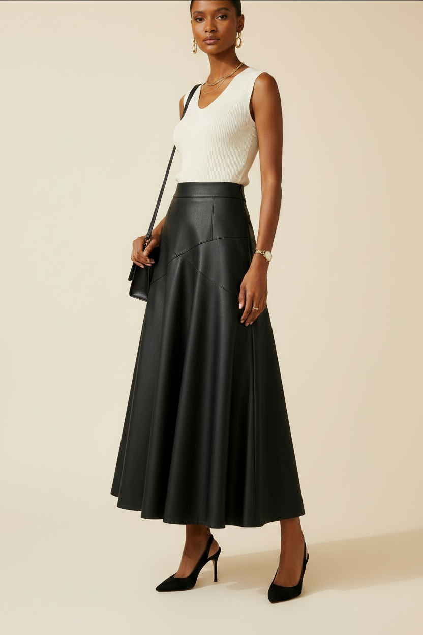 Detail view of black PU flared midi skirt waistband and asymmetric seam