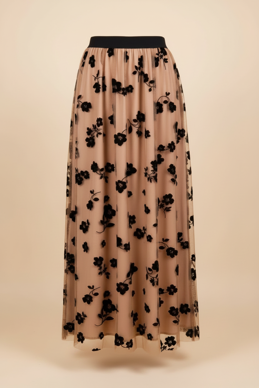 Tan black floral elastic-waist maxi skirt back view on ghost mannequin