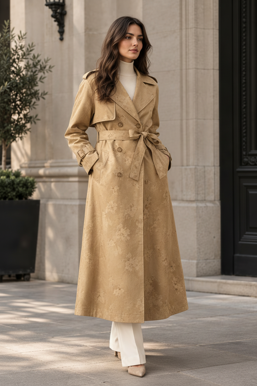 Three-quarter front view of a model wearing a women's printed patchwork double-breasted belted trench coat